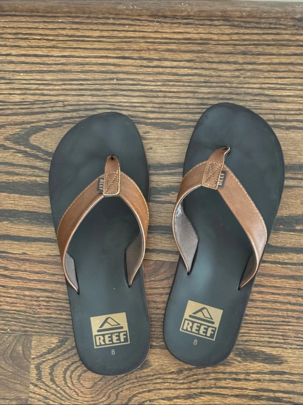 Reef Men’s Brown Leather-Style Strap Flip-Flops with Black Footbeds
